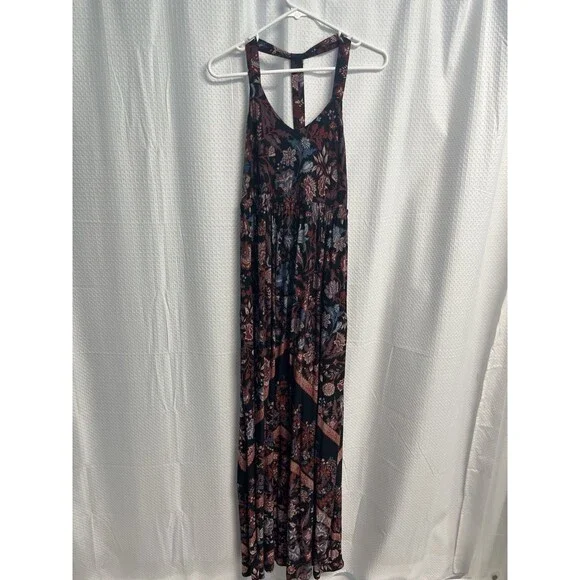 Soma Black Floral Jersey Knit Racerback Empire Waist Maxi Dress Small Stretch - Picture 2 of 5